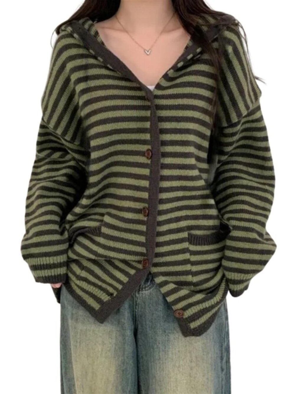 Whimsy Twee Striped Cardigan Sweaters Hoodie Women Button Up Knit Cardigan